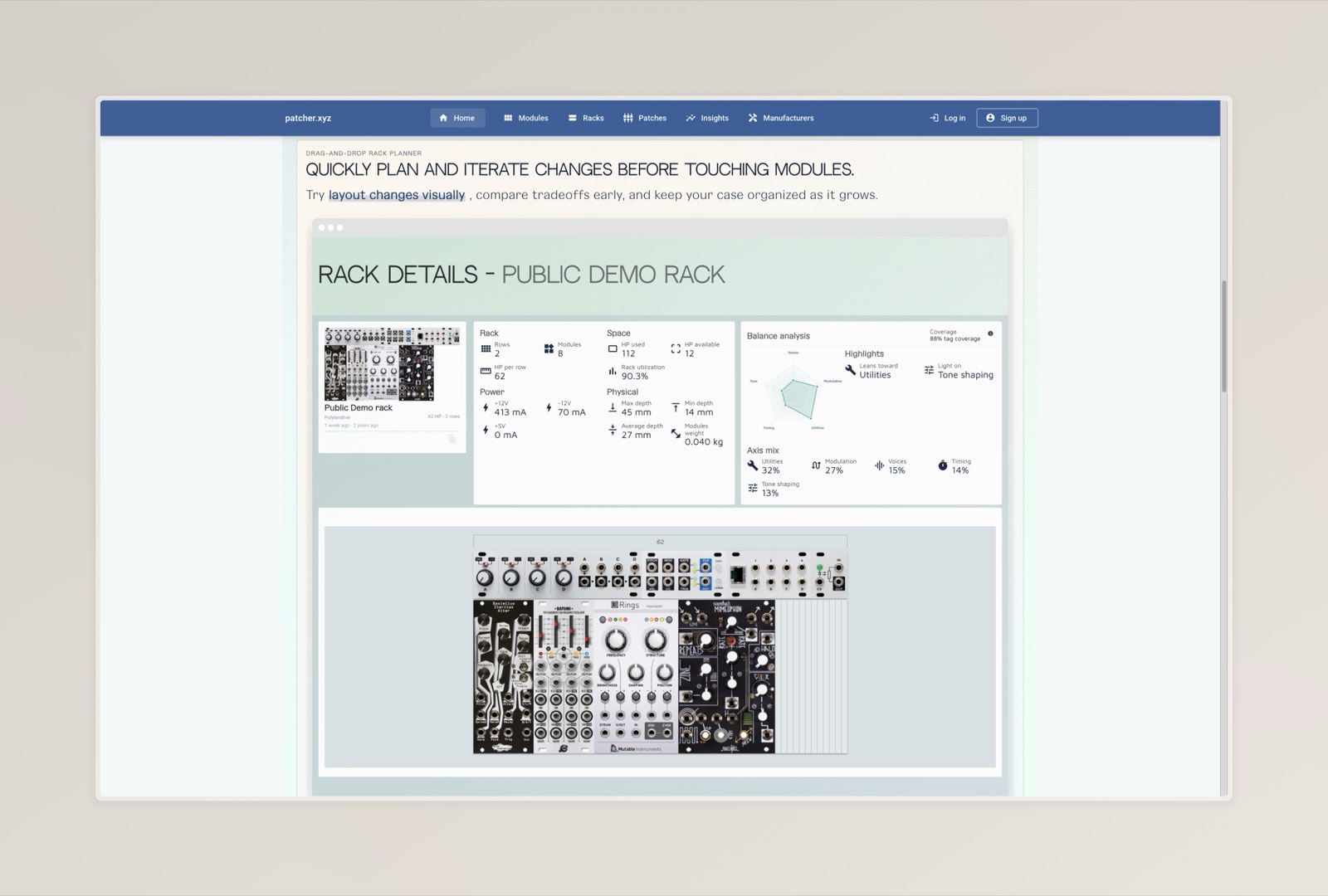 Patcher rack detail view with HP, power, and balance analysis