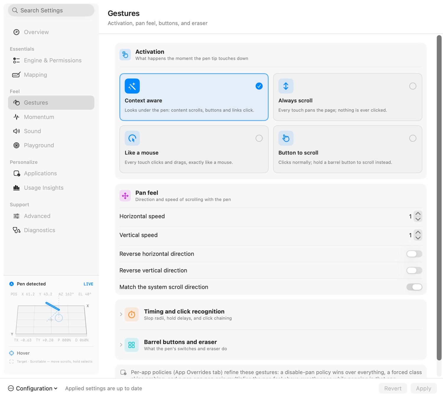 Kinetip gesture settings