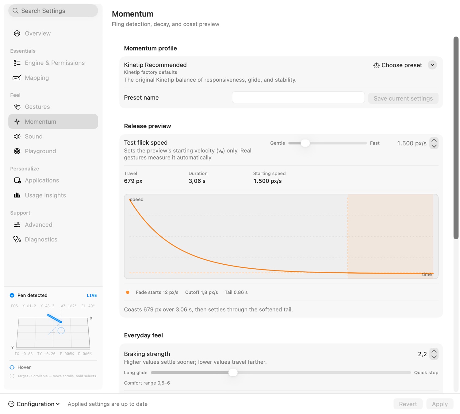 Kinetip momentum physics settings with live preview