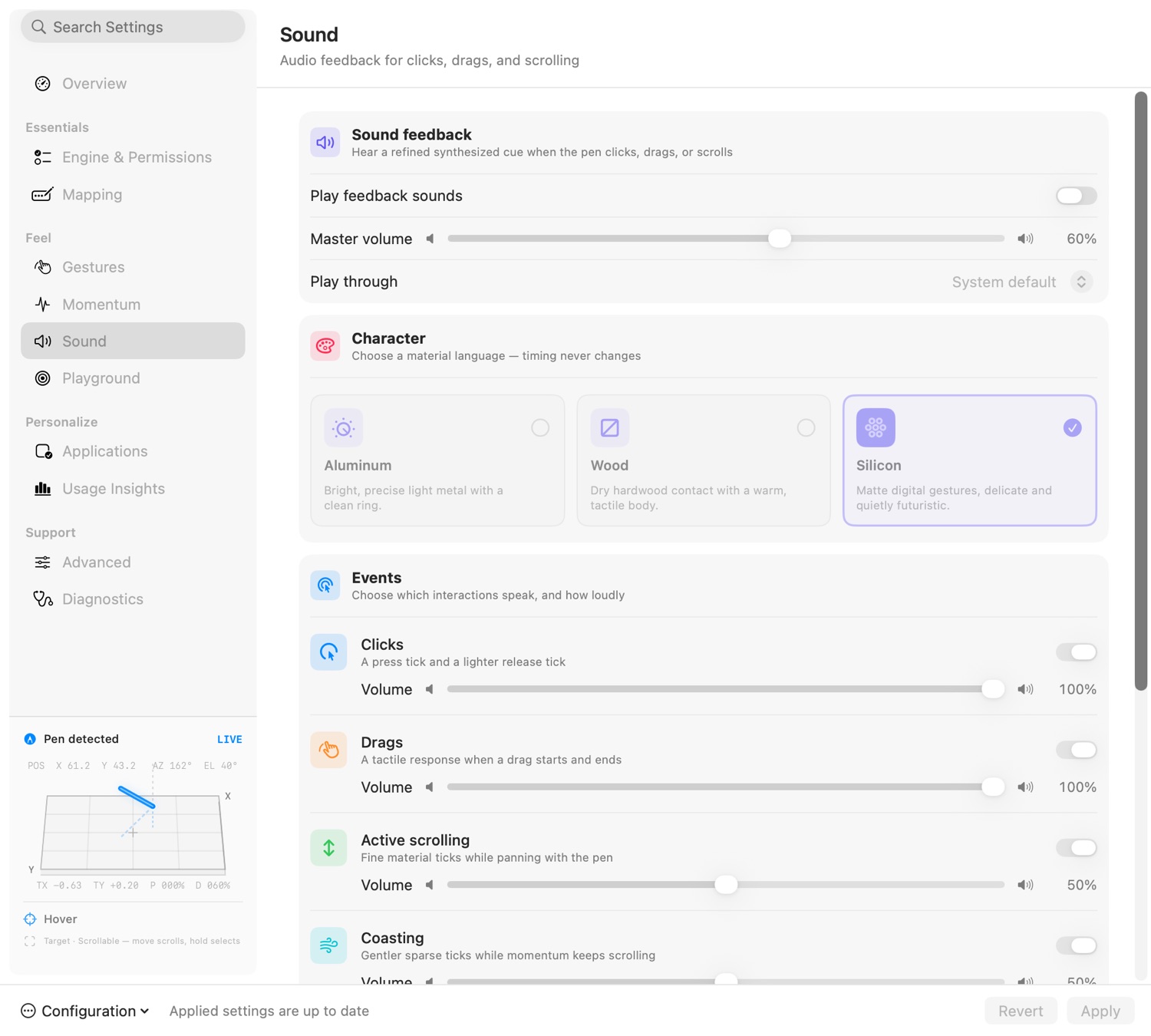 Kinetip sound settings with named material presets — Aluminum, Wood, and Silicon