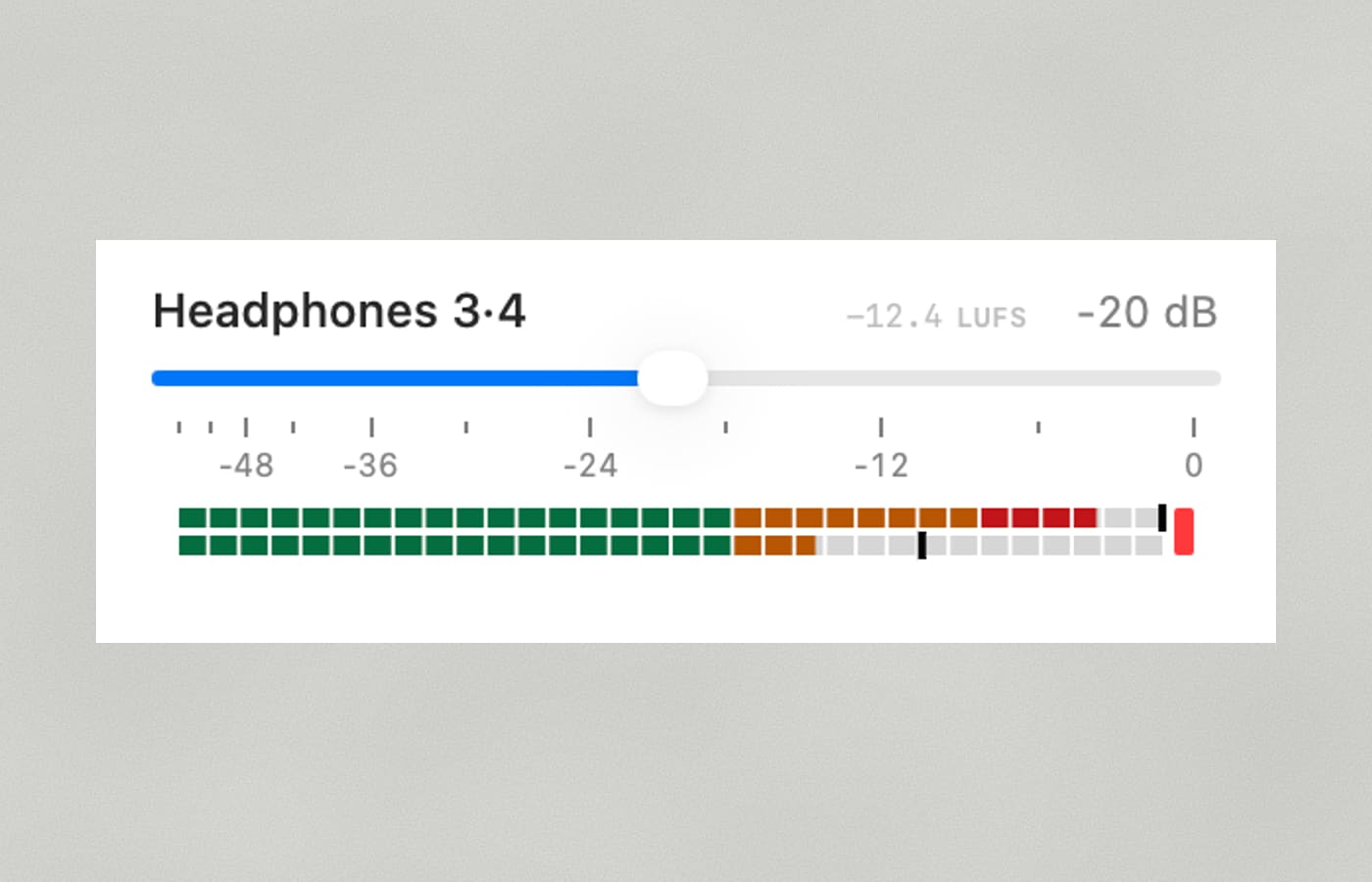 EvoControl headphone fader above a two-row segmented level meter running green, amber and red