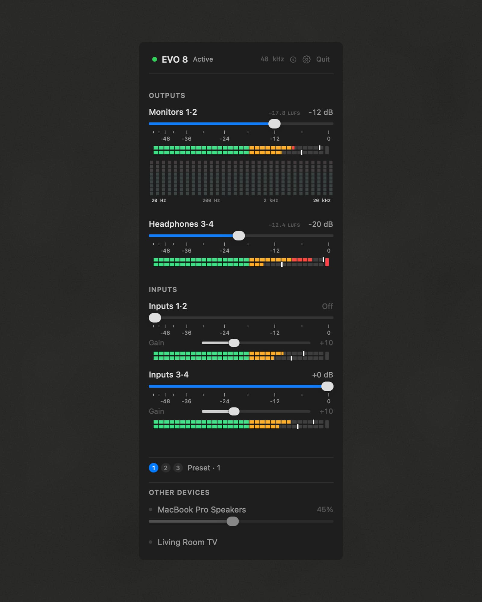 EvoControl mixer panel in dark mode with green, amber and red level meters