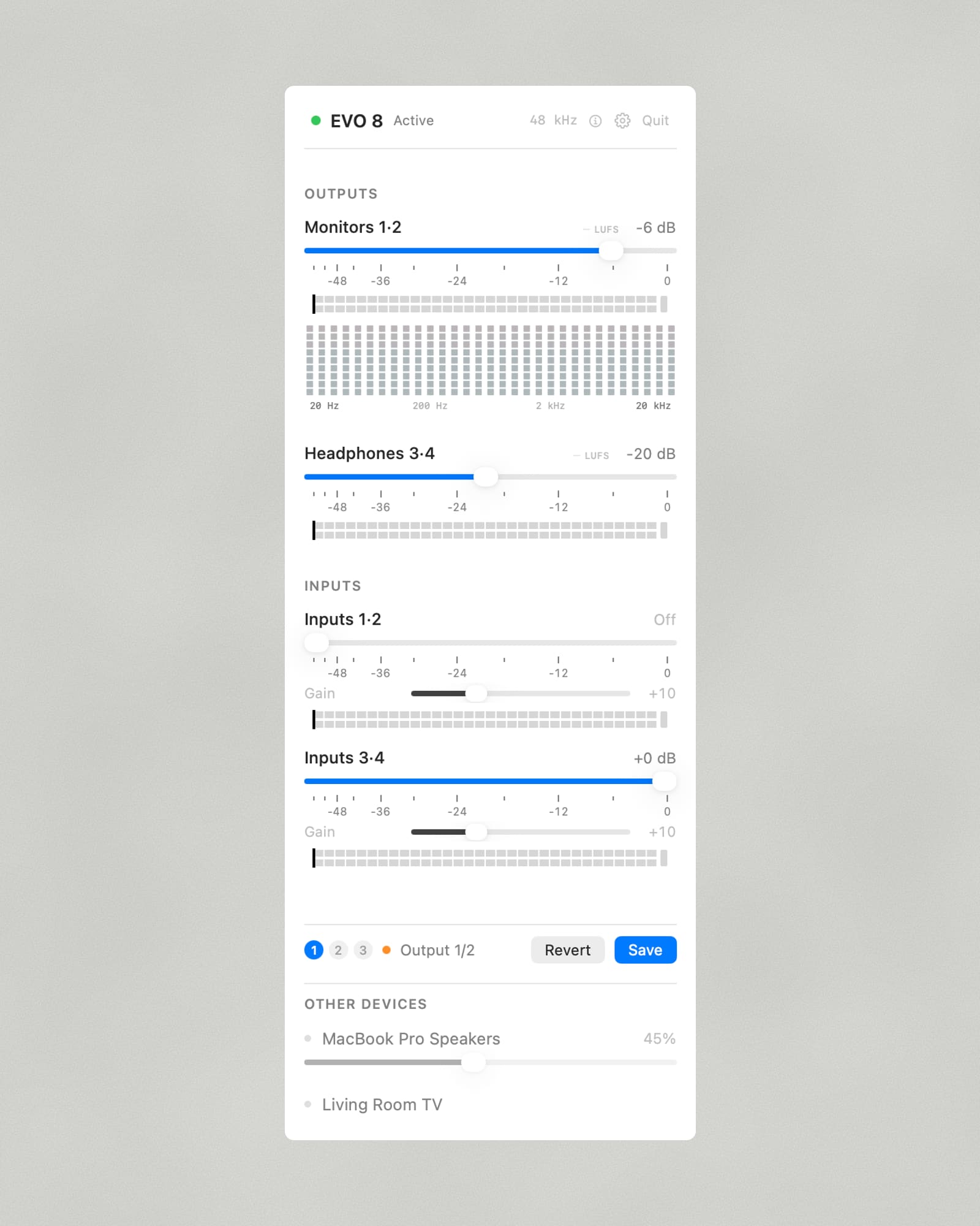 EvoControl panel with an unsaved change and Revert and Save buttons beside the preset selector