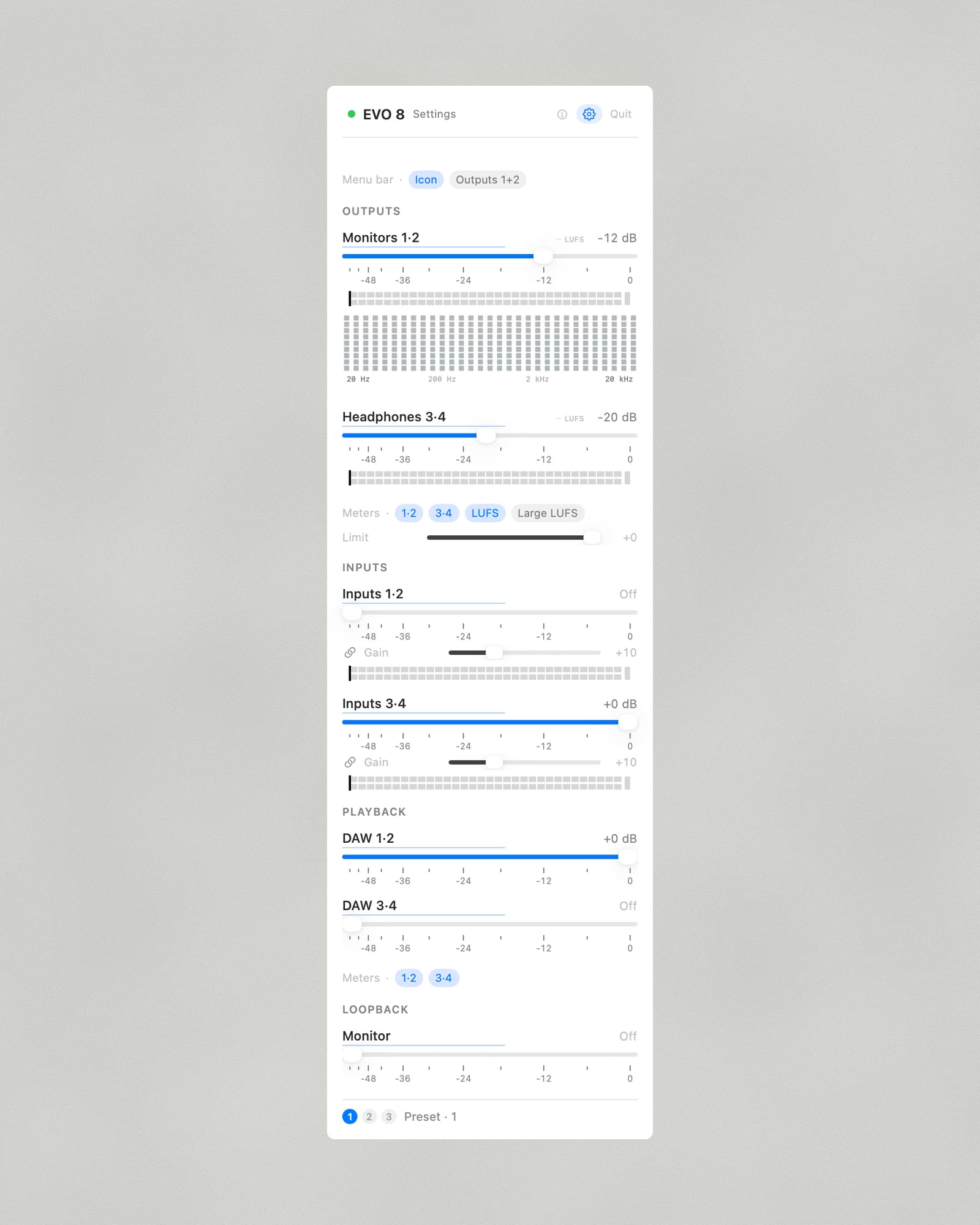 EvoControl settings view listing outputs, inputs, playback and loopback channels