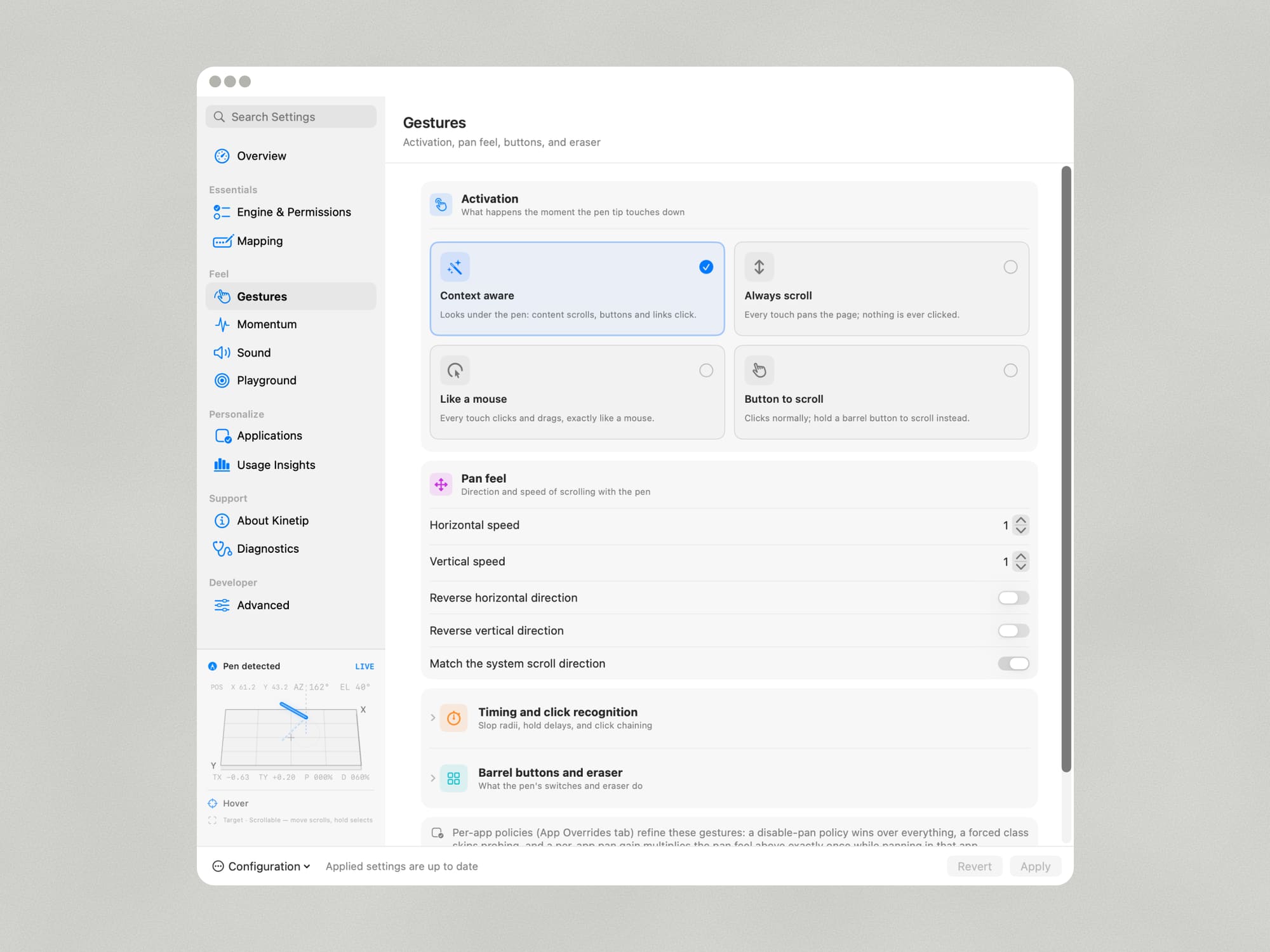 Kinetip gestures page with activation modes and pen feel sliders