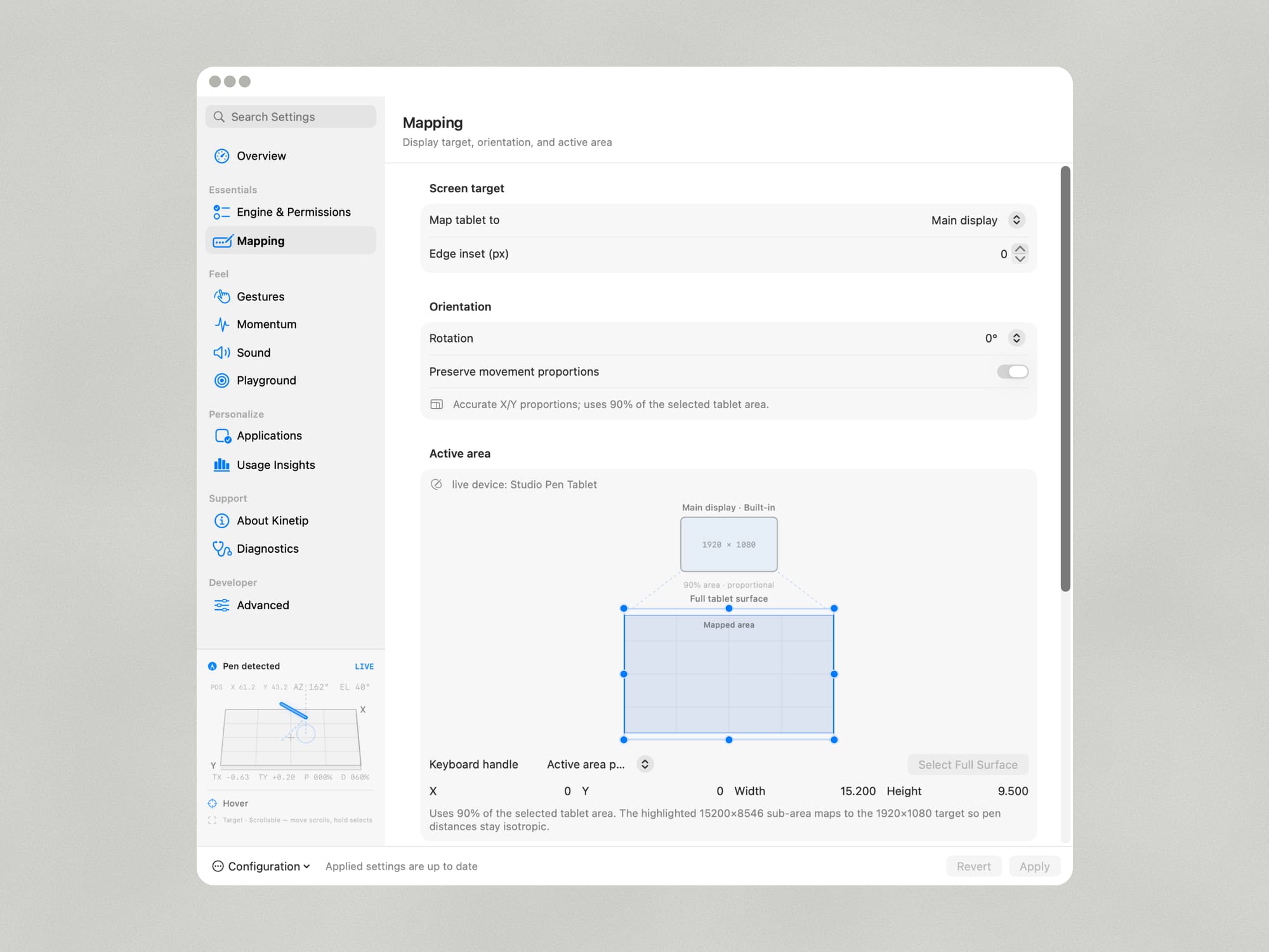 Kinetip mapping page with a screen target, orientation controls and a draggable active area