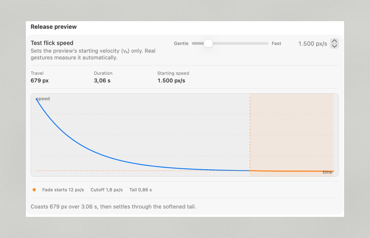 Kinetip release preview: a speed-against-time curve that decays to a softened tail