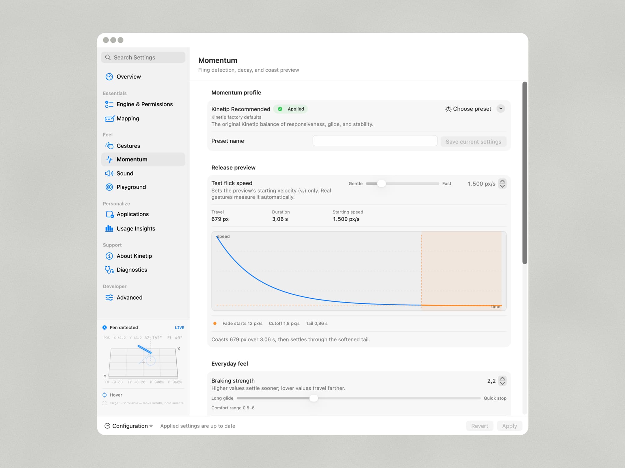 Kinetip momentum page with a decay curve preview and friction controls