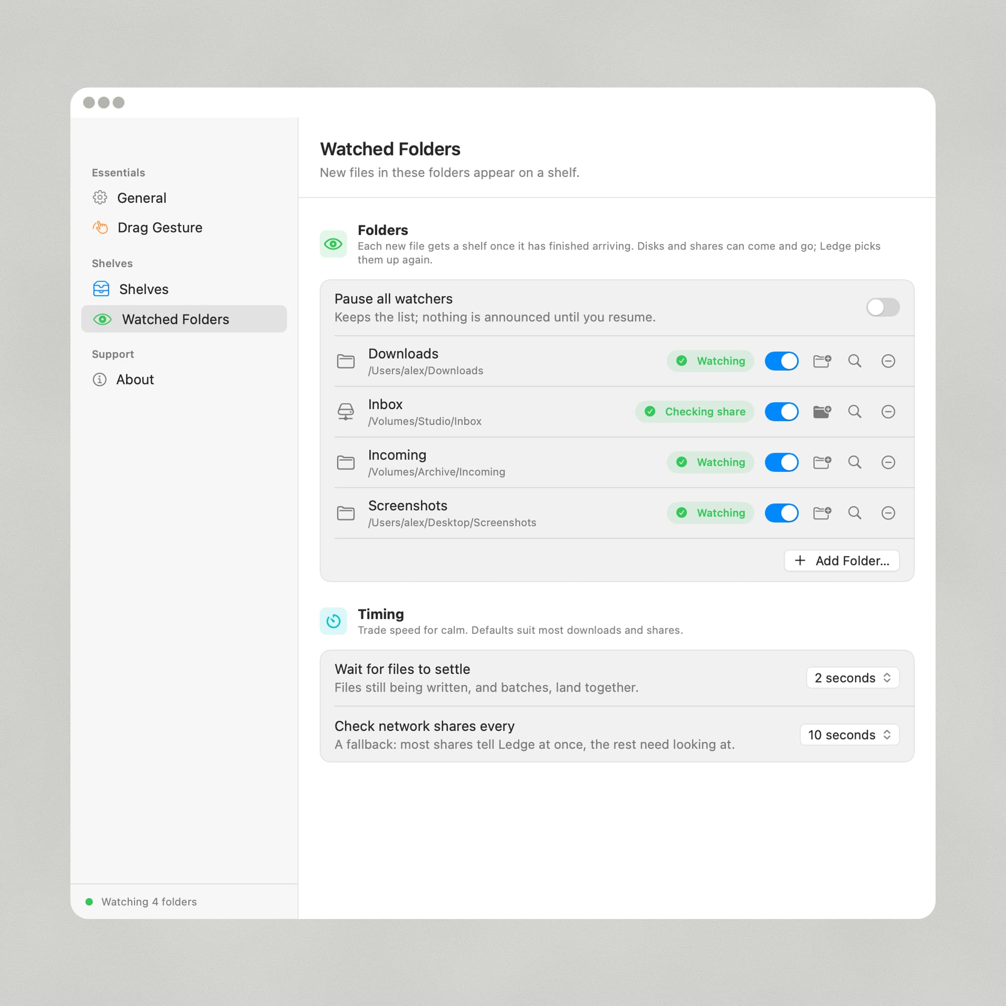 Ledge settings page listing watched folders with their status