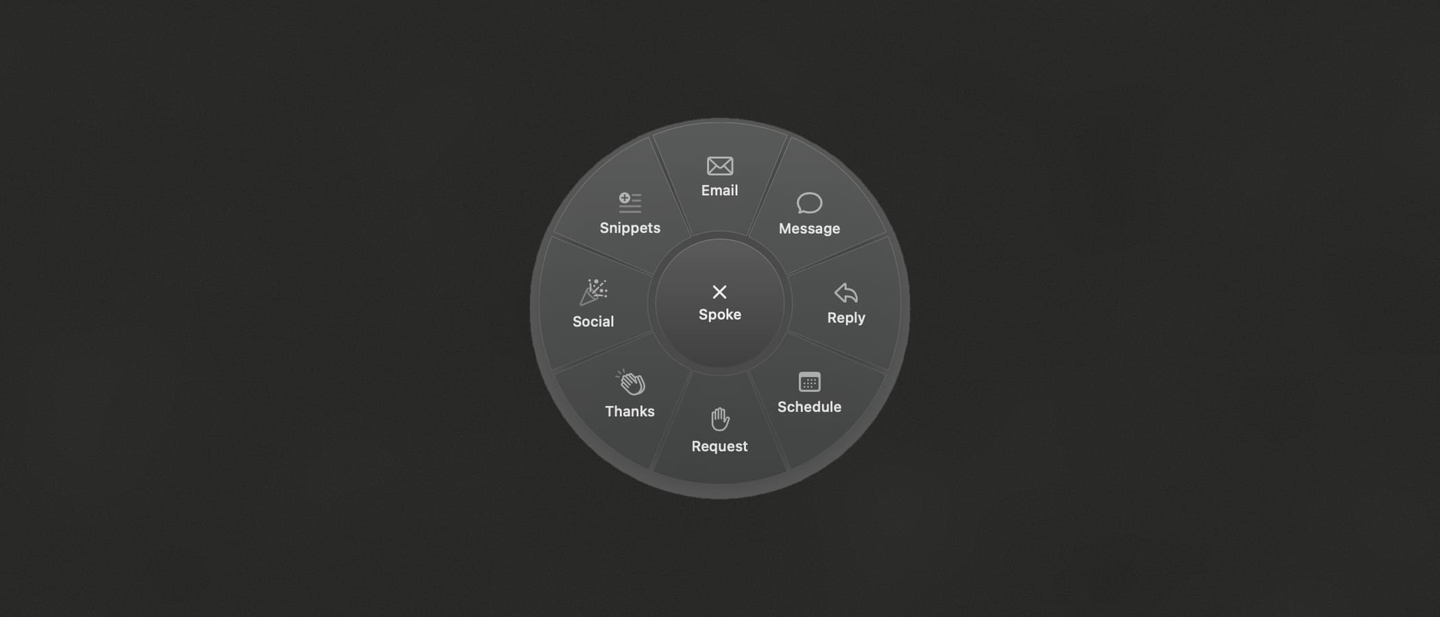 Spoke radial menu with categories Email, Message, Reply, Schedule, Request, Thanks, Social and Snippets